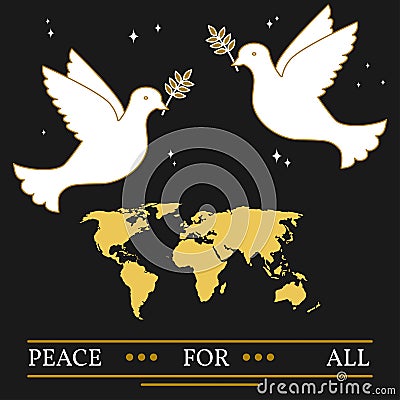 Peace for all greeting card. EPS10 vector. Doves and map thin l Vector Illustration