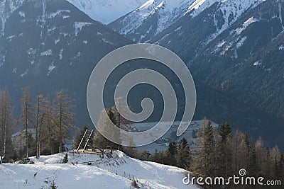 The peace bell in MÃ¶sern, Tirol, Austria infront of the Inn valley with mountains Editorial Stock Photo