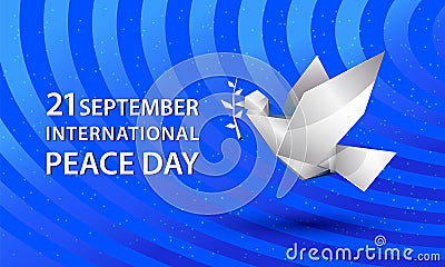 Peace Day banner with white origami dove. Polygonal pigeon with branch symbol on blue striped background. Vector Illustration