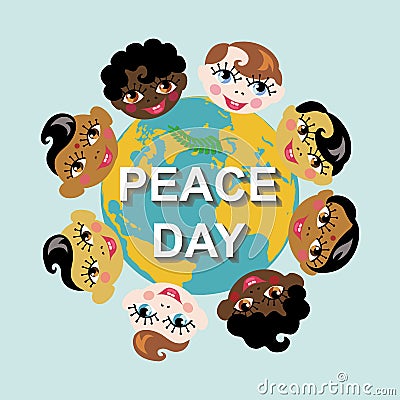 Peace day.Earth globe,children of various nation Vector Illustration