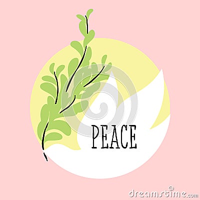 Peace day greeting card with flying dove holding olive branch Vector Illustration