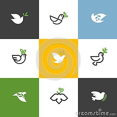 Peace dove with green branch. Flat line design style vector Vector Illustration