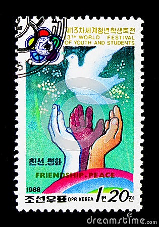 Peace Dove, Hands, 13th World Festival of Youth and Students, Pyongyang Iserie, circa 1988 Editorial Stock Photo