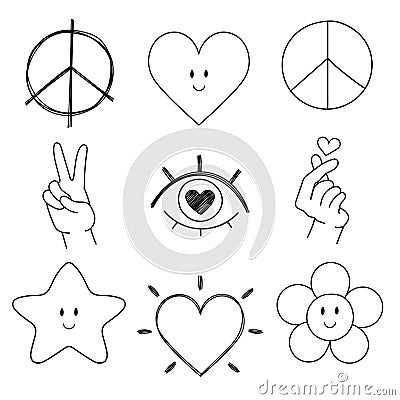 Peace drawn isolated sketch hand icon vector. Peaceful doodle clipart. Hand gesture V sign for victory Symbol heart hand Vector Illustration