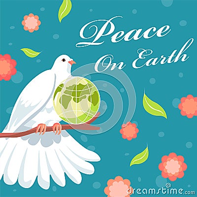 Peace on earth, dove with planet sitting on twig Cartoon Illustration