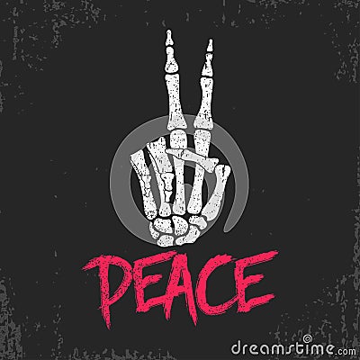 Peace gesture sign print with skeleton bones hand. Vintage design for t-shirt, clothes, grunge original apparel. Vector. Vector Illustration