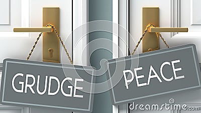 Peace or grudge as a choice in life - pictured as words grudge, peace on doors to show that grudge and peace are different options Cartoon Illustration