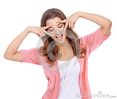 Peace hands, face and happy woman in studio with playful, good mood and sign on white background. V, fingers and female Stock Photo