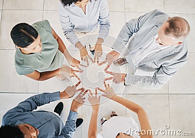 Peace, hands and top view of team building, business people and support in collaboration, hope and company mission Stock Photo