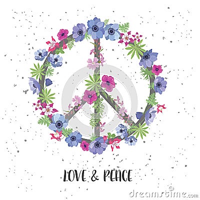 Peace Hippie Symbol with Flower on the white Background. Vector Illustration