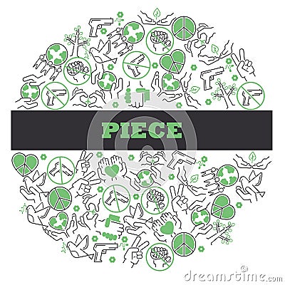 Peace icons in round frame composition, vector illustration. Fine line pacifist icons, stop war, protect earth, for Vector Illustration