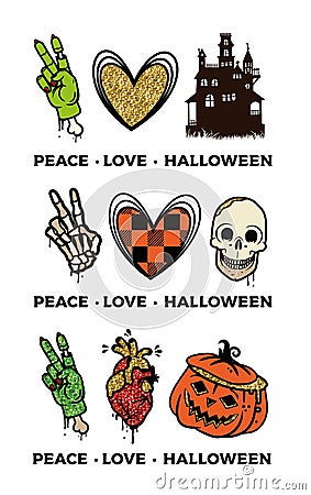 Peace Love Halloween Glitter Effect is Printed. Vector Illustration. Vector Illustration