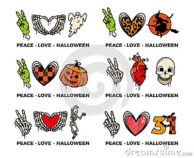 Peace Love Halloween Icons Collection. Vector Illustration. Vector Illustration