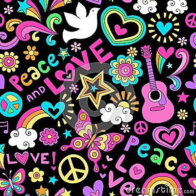 Peace and Love Seamless Pattern Psychedelic Doodle Vector Illustration