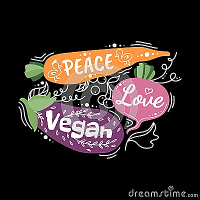 Peace, Love, Vegan. Vegetarian illustration with vegetables and design element. Cartoon Illustration