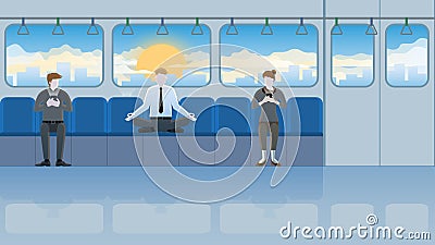 Meditation businessman sitting cross-legged on seat in train public transportation Vector Illustration