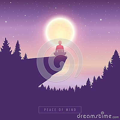 Peace of mind person by the lake at full moon and starry sky Vector Illustration