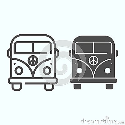 Peace Minivan line and solid icon. Bus with peace symbol vector illustration isolated on white. Hippie minibus outline Vector Illustration