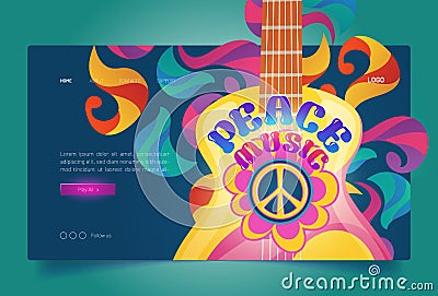 Peace music banner with hippie sign and guitar Vector Illustration