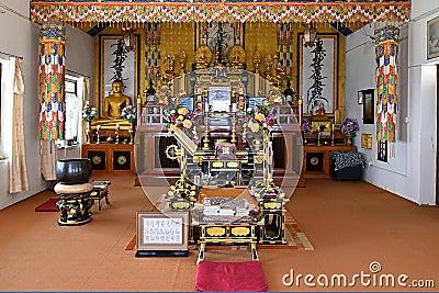 Memorial shrine for Nichidatsu Fujii, Japanese Buddhist monk and founder of Nipponzan-Myohoji order, Shanti Stupa, Pokhara Stock Photo
