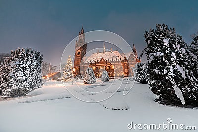 Peace Palace, Vredespaleis, under the snow at night Stock Photo