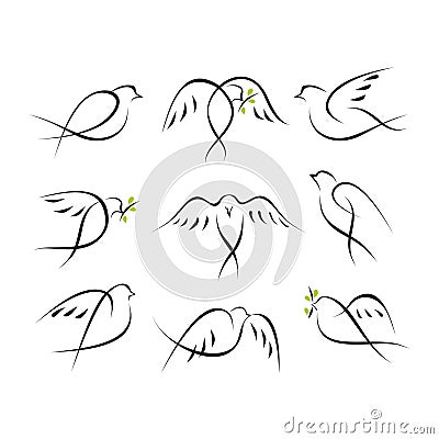 Peace pigeons icons set Vector Illustration