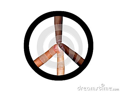 Peace sign created from different skin color fingers. Stock Photo