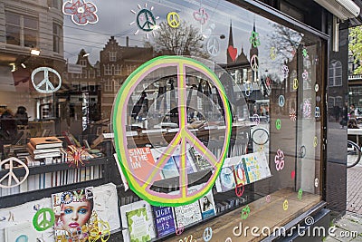 Peace sign on shop window Editorial Stock Photo