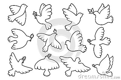 Peace symbol dove contour outline set flying bird pigeon olive branch humanity emblem no war logo Vector Illustration