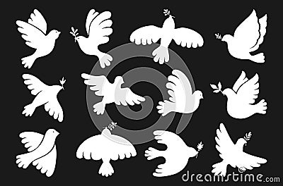 Peace symbol dove shape set flying bird pigeon olive branch sign freedom humanity peaceful emblem Vector Illustration