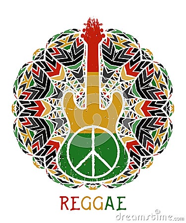 Peace symbol and guitar on ornate mandala background. Vector Illustration