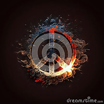 AI generated peace symbol, pacifism sign is blown up and burning Stock Photo