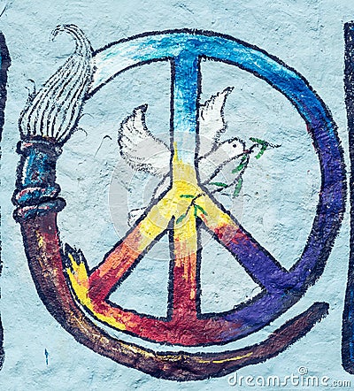 Peace symbol is painted on grunge wall Editorial Stock Photo