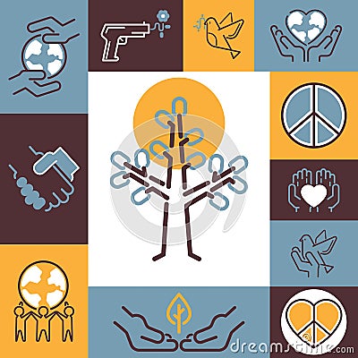 Peace symbols collage, vector illustration. Fine line icons of peaceful protest against war. Colorful stickers with Vector Illustration