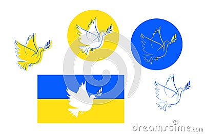 Peace for Ukraine concept sketches in form of stickers, Ukrainian flag with dove of peace silhouette Vector Illustration