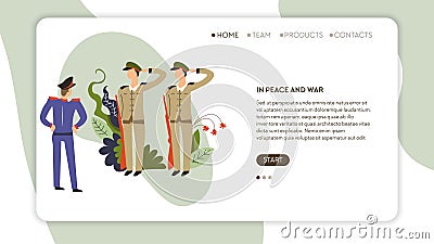 In peace and war army service soldiers recruitment web page template Vector Illustration