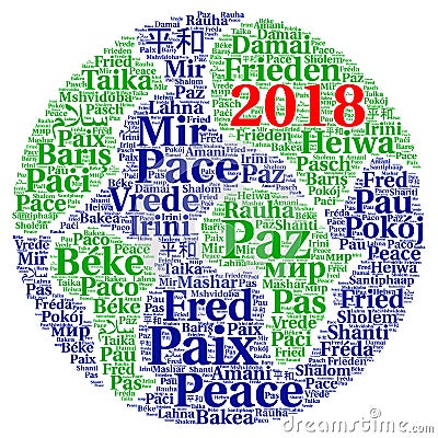 Peace 2018 word cloud in different languages Cartoon Illustration