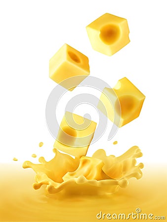 peace of yellow cheese falling in cheese splash with pouring Stock Photo