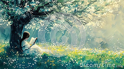 A peaceful artwork capturing a solitary figure engrossed in reading beneath the gentle cascade of blossoms from an ancient tree, Stock Photo