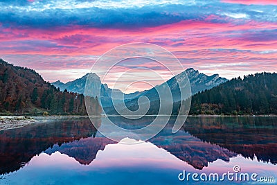 Peaceful autumn view on Obersee lake in Swiss Alps Stock Photo