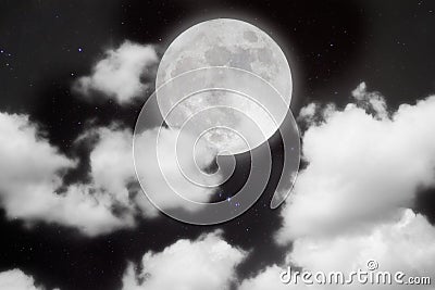 Peaceful background, night sky with full moon, stars, beautiful clouds. Stock Photo