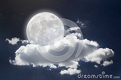 Peaceful background, night sky with full moon, stars, beautiful clouds. Stock Photo