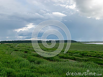 Peaceful beach dunegrass and storm clouds Stock Photo