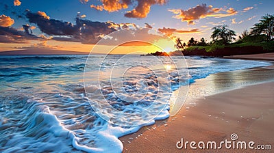 A peaceful beach at sunset as the waves gently lull you to sleep in tune with the natural rhythms of the ocean. 2d flat Stock Photo