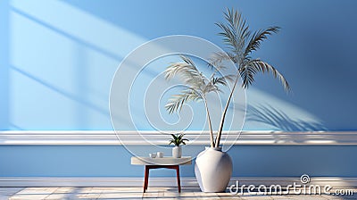 Chill Aqua Room Displaying Tropical Greenery Stock Photo