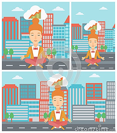 Peaceful business woman doing yoga. Vector Illustration