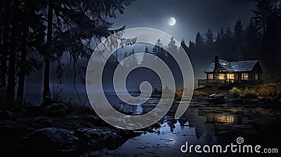 peaceful cabin on the lake night Cartoon Illustration