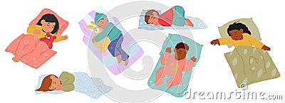 Peaceful Children Characters Sleep, Nestled In Dreams. Soft Breaths And Gentle Sighs Create A Lullaby, Vector Vector Illustration