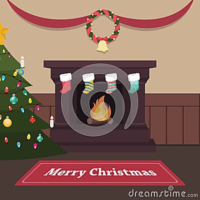 Peaceful Christmas scene with fireplace and stockings Vector Illustration