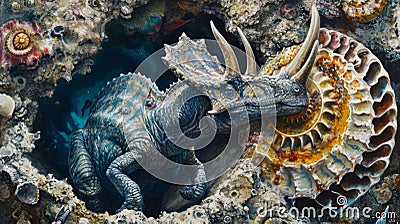 A peaceful coexistence between a triceratopslike dinosaur and a mive ammonite both taking shelter in the crevices of a Stock Photo